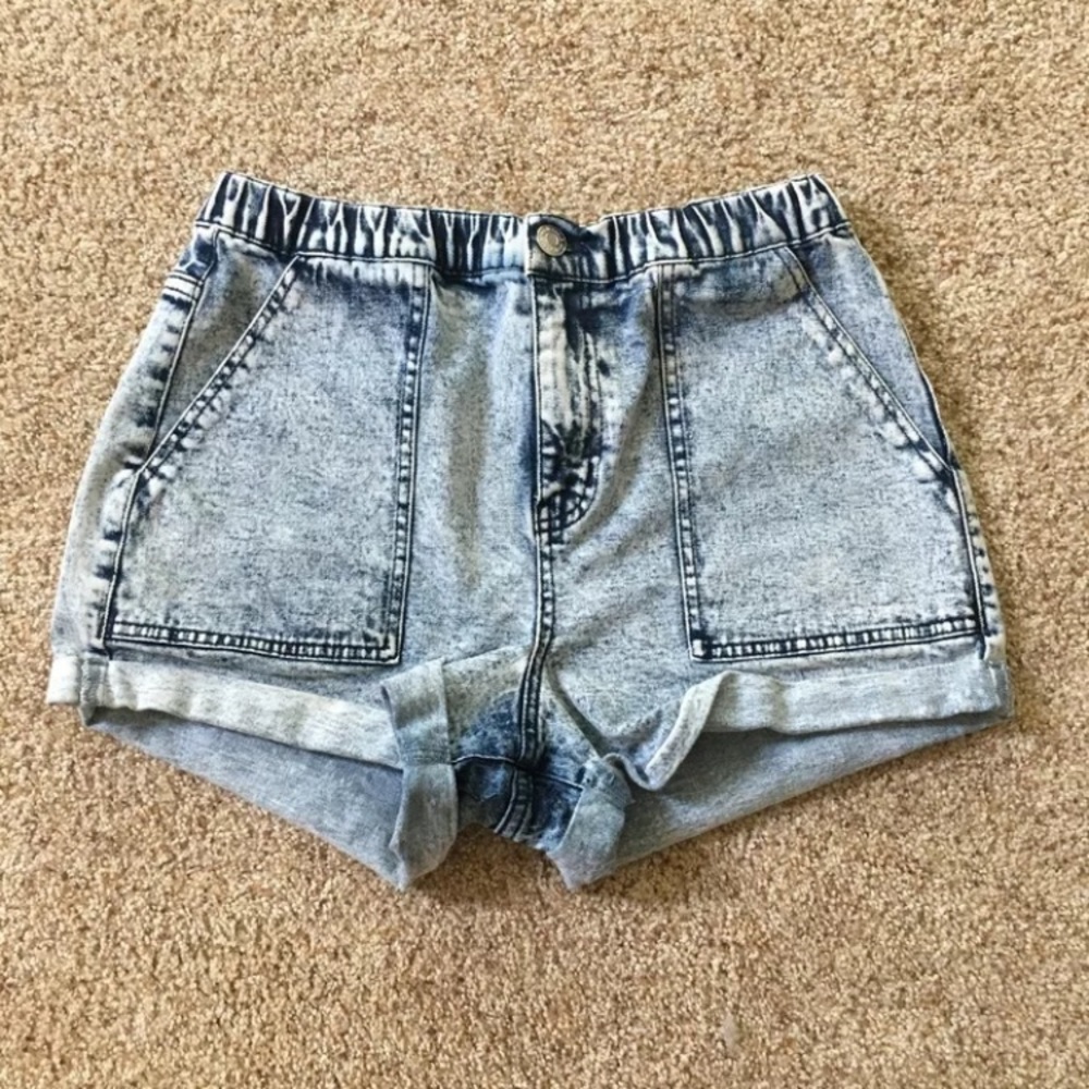 High-Rise Elastic Waist Jean Shorts Acid Wash
